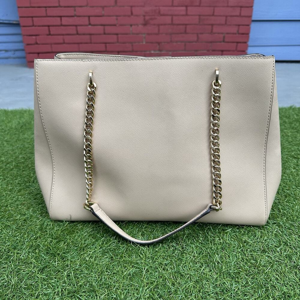 Michael Kors Ellis LG Saffiano Leather Shoulder Tote Satchel Oyster Preppy Glam - Picture 4 of 15